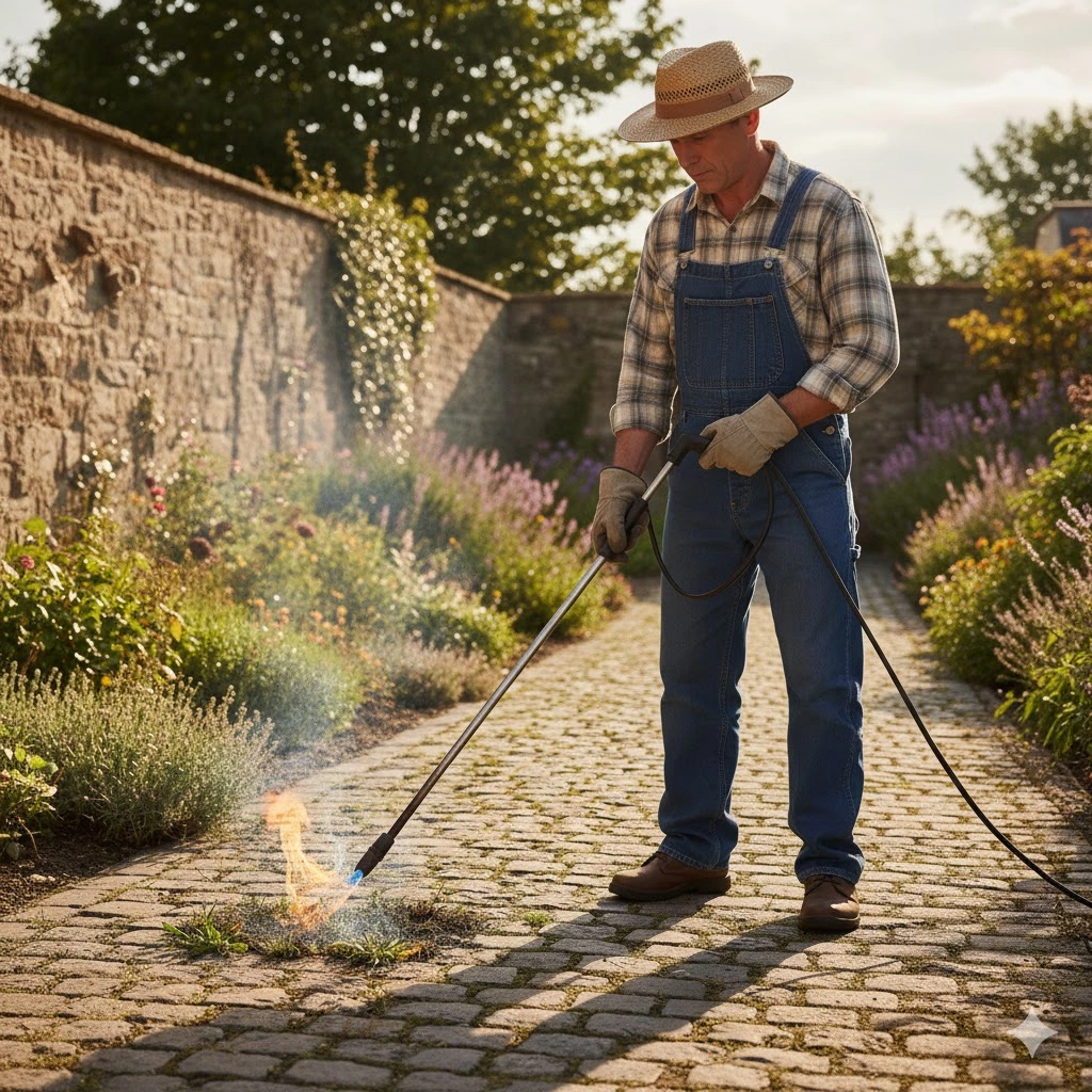 Désherbage thermique sur une allée - omniservici paysagisme