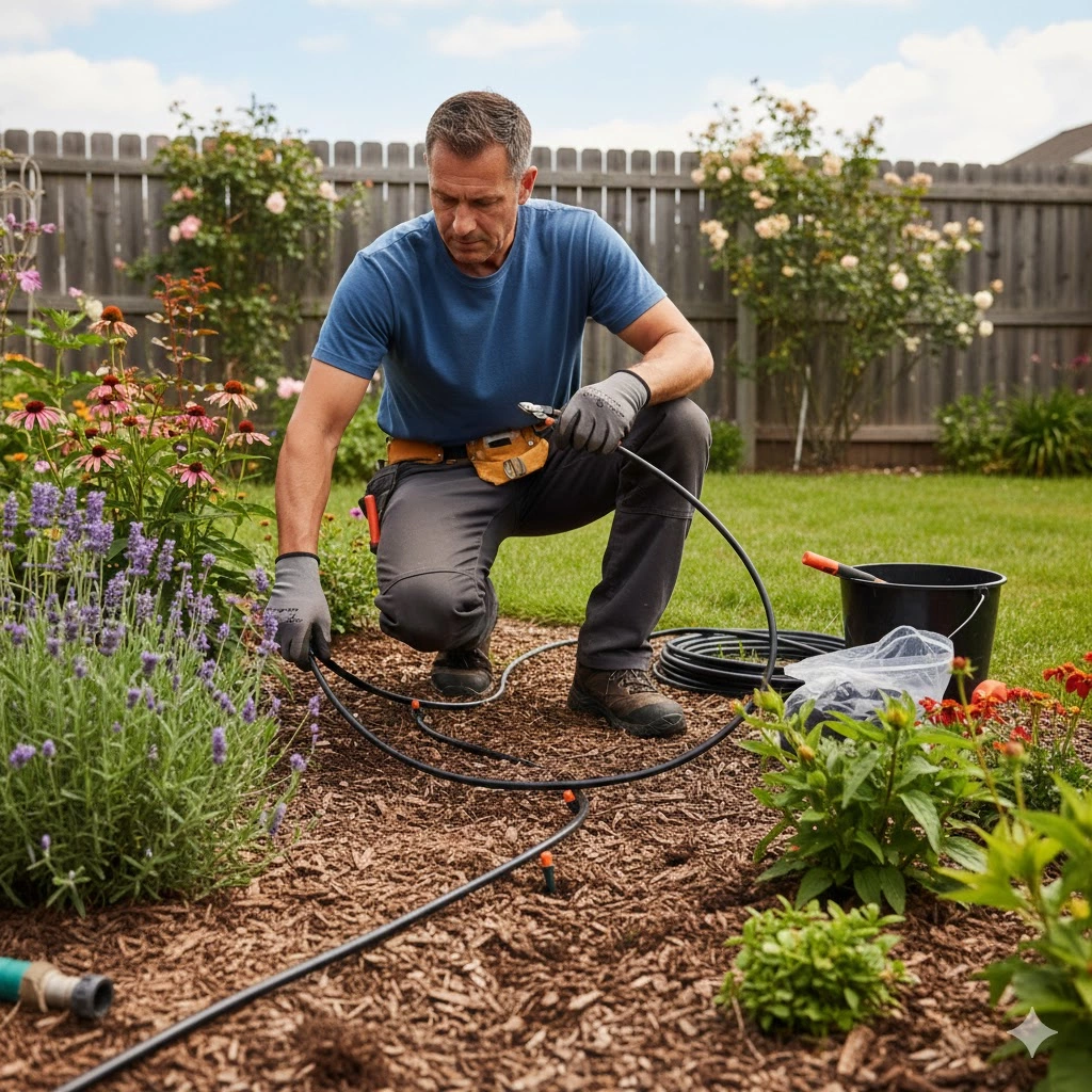 Installation d'un goutte à goutte par un paysagiste professionnel - omniservici