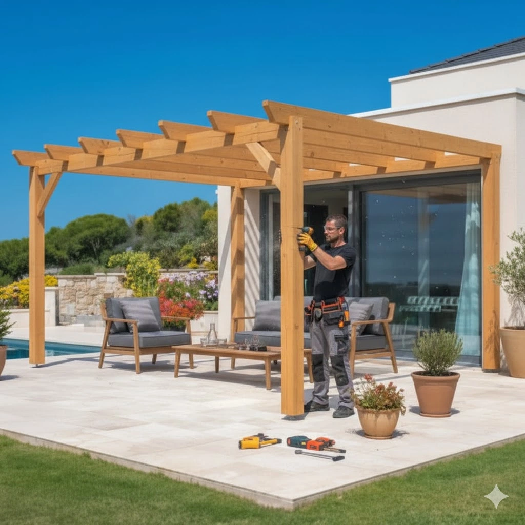 Montage d'une pergola en bois - omniservici paysagime