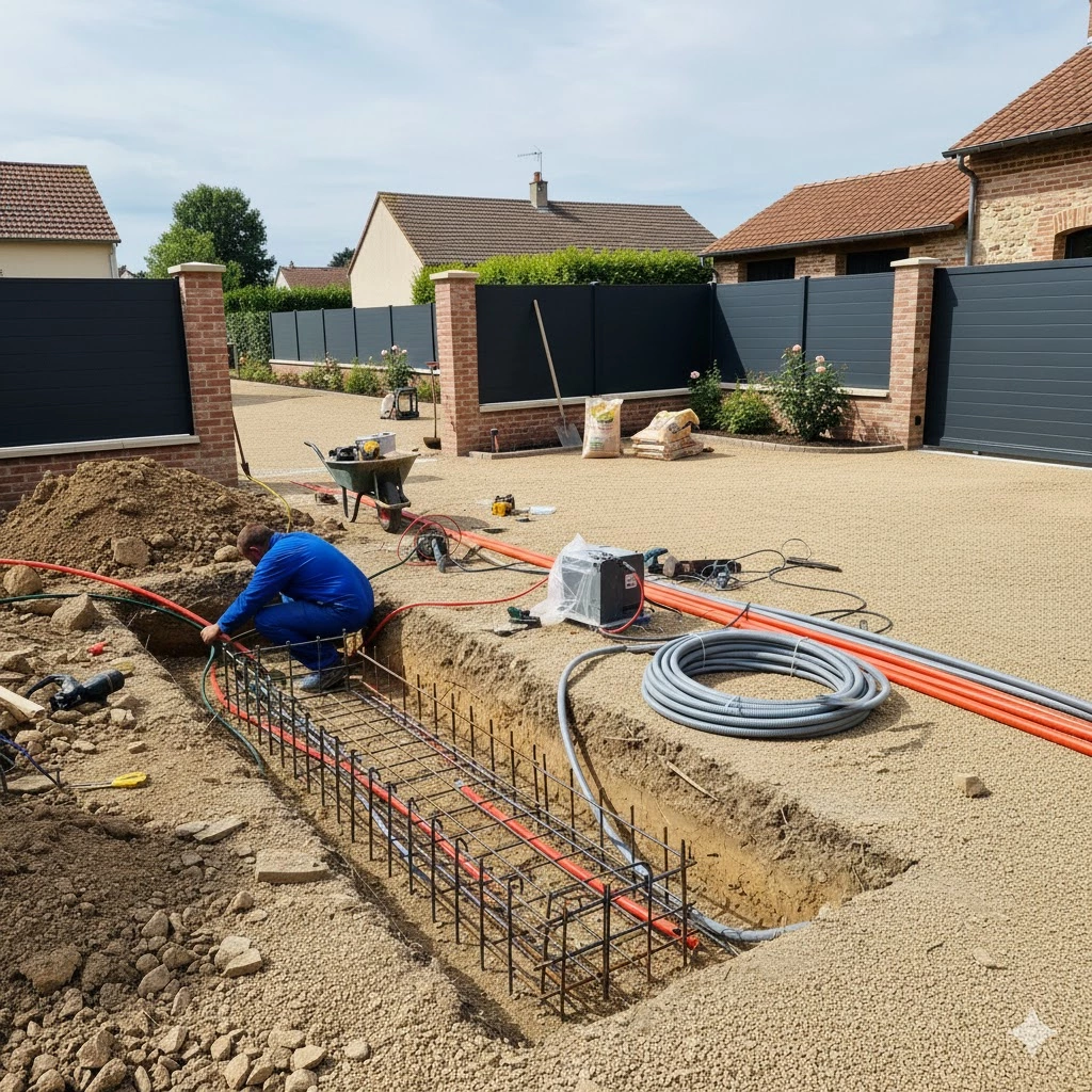 Travaux pour mise en place de Portail et cloture en gris anthracite - omniservici paysagisme